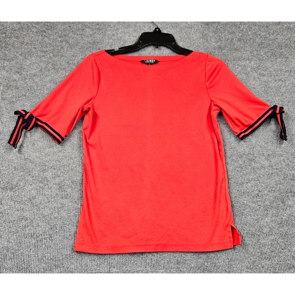 Lauren Ralph Lauren Red Boat Neck Top Elbow Sleeve Striped Tie Cuffs Large